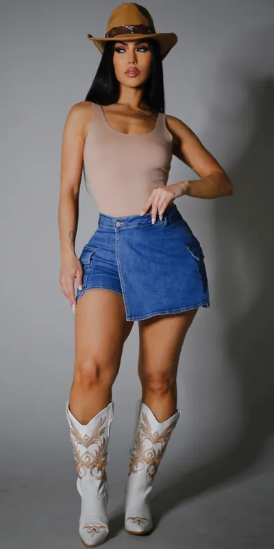 Nude Cargo Denim Skort Set sold by Moda