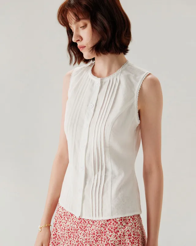 White Crew Neck Button Sleeveless Blouse sold by rihoas