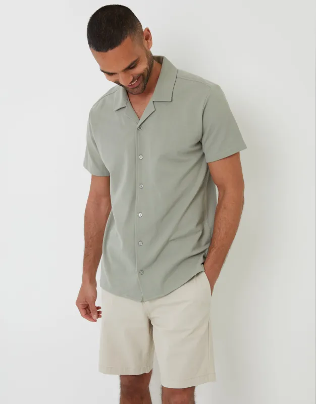 Sage Green Jersey Pique Revere Collar Short Sleeve Shirt sold by Threadbare