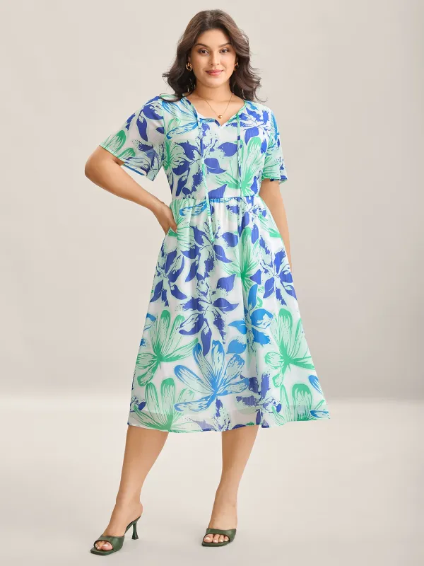 Chiffon Floral Neck Tie Lined Midi Dress sold by Bloomchic