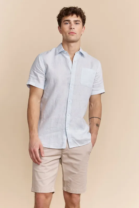 Semi-fitted short sleeve linen shirt sold by Tristan Style