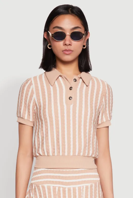 Textured Knit Striped Polo Shirt sold by Rainbow