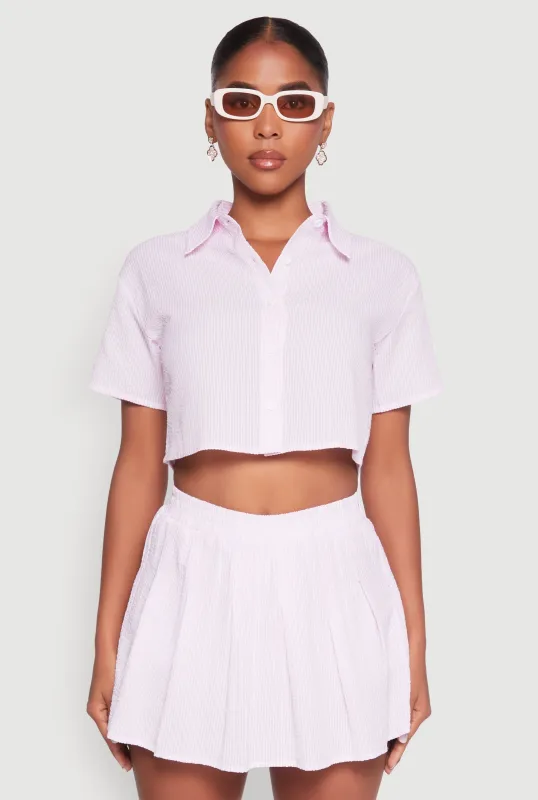 Almost Famous Striped Seersucker Cropped Shirt sold by Rainbow
