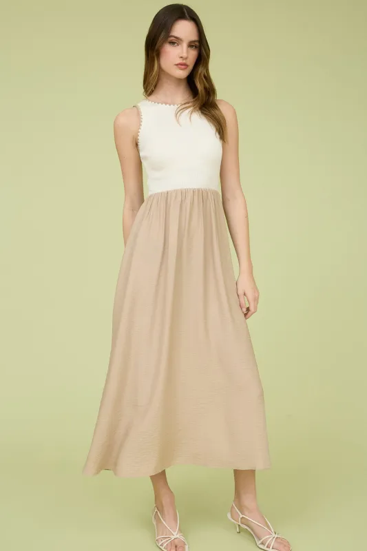 CONTRAST TRIM SLEEVELESS MIXED MEDIA MIDI DRESS sold by Blu Pepper