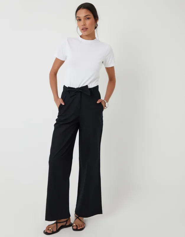 Black Belted Linen Blend Wide Leg Trousers sold by Threadbare