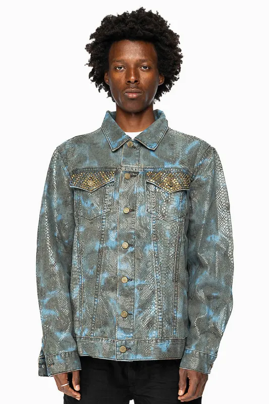 BROWN SNAKE SKIN JACKET WITH BLACK EMBROIDERED LOGO WINGS AND CRYSTALS sold by Robin's Jean