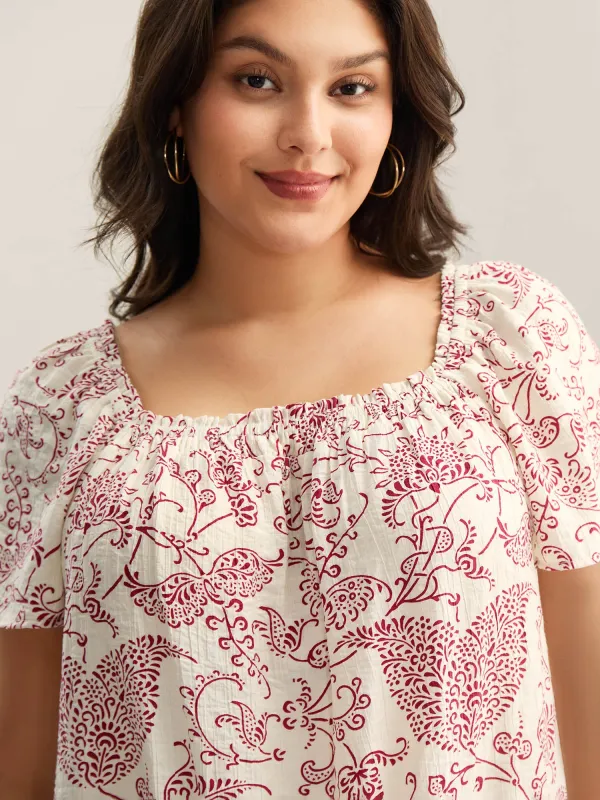 Floral Print Shirred Neck Flowy Blouse sold by Bloomchic