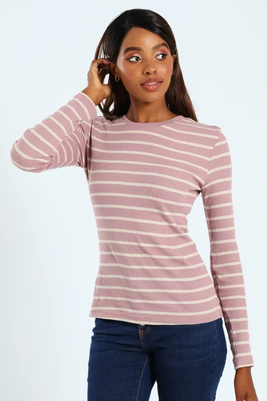 Long Sleeve Striped Rib Crew Top - Blush/Stone sold by Edgars