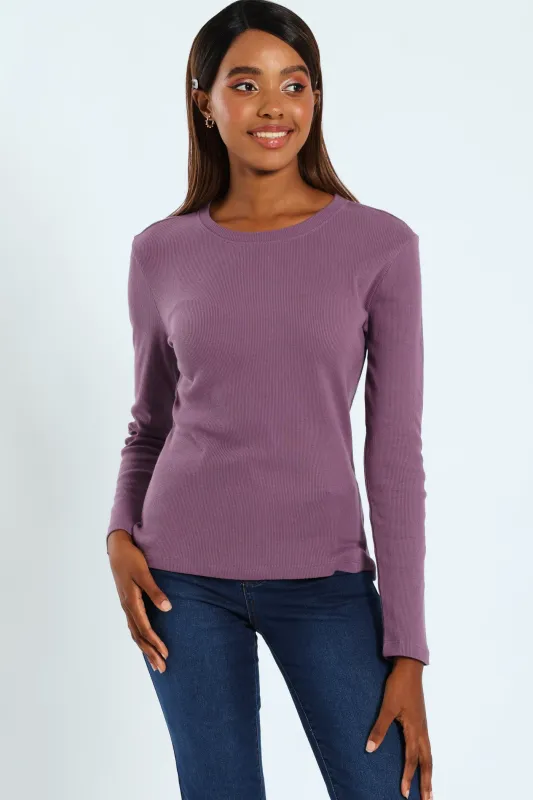 Long Sleeve Rib Crew Top - Plum sold by Edgars 