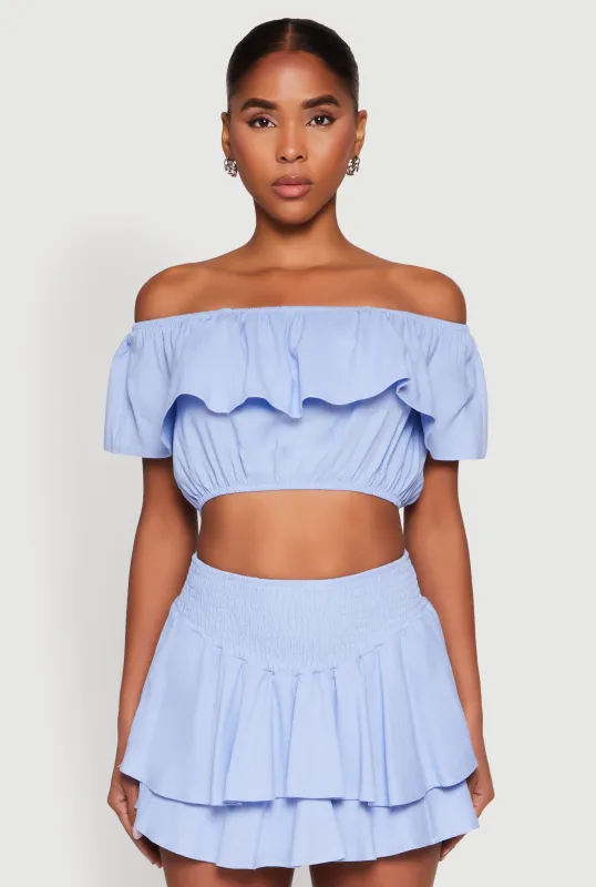 Almost Famous Ruffle Overlay Off the Shoulder Crop Top sold by Rainbow