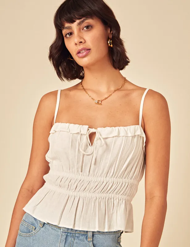 White Linen-blend Ruched Cami Top sold by Nobody's Child