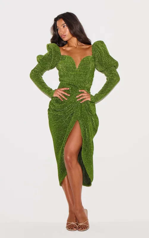 Green Glitter Plisse Puff Sleeve V Bar Draped Midi Dress sold by Pretty Little Thing