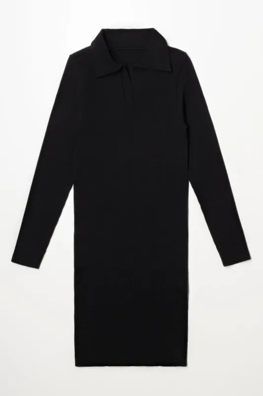 Collar Long Sleeve Seamless Dress Black sold by Ackermas