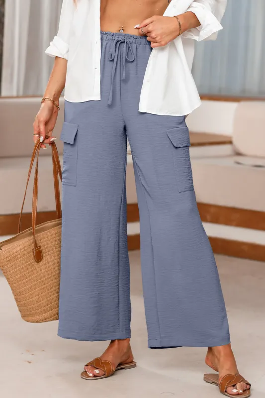 Dark Grey Drawstring Frilled Waist Wide Leg Utility Trousers sold by Beagle Boutique