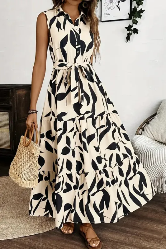 Apricot Abstract Print Knot Waist Collar Sleeveless Maxi Dress sold by Beagle Boutique
