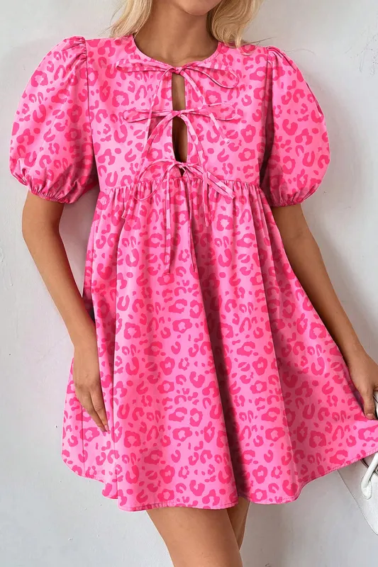 Rose Leopard Puff Sleeve Tie Front High Waist Mini Dress sold by Beagle Boutique
