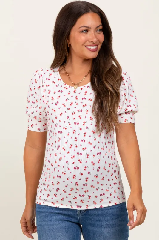 White Floral Ribbed Puff Sleeve Maternity Top sold by Pinkblush