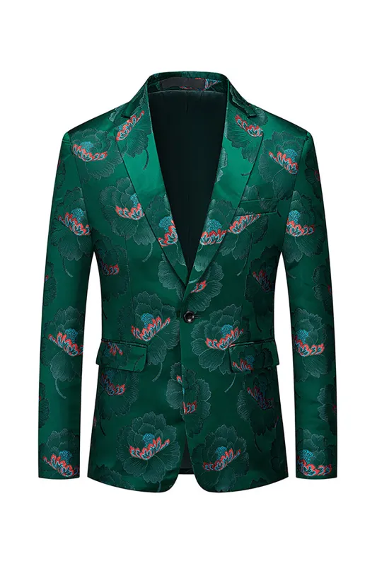 Floral Dark Green Notched Lapel One Button Men's Blazer sold by Zapaka