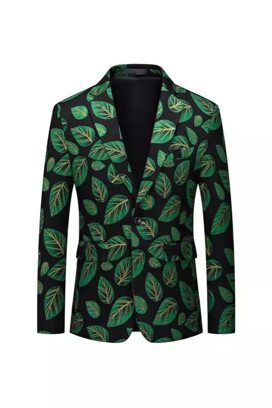 Dark Green Leaf Printed Notched Lapel Men's Blazer sold by Zapaka