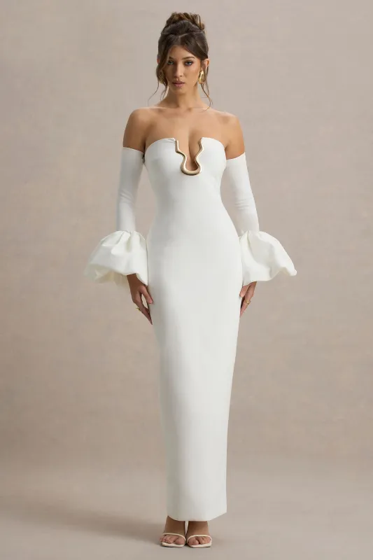 Annalisa | Cream Bandeau Maxi Dress With Satin Cuffs sold by Club L London