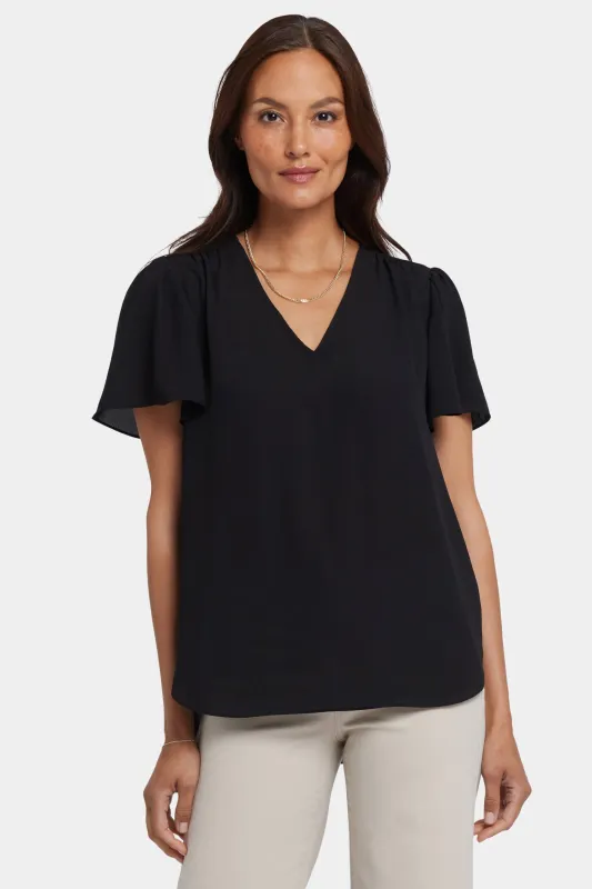 Pleated Flutter Sleeved Blouse - Black sold by NYDJ