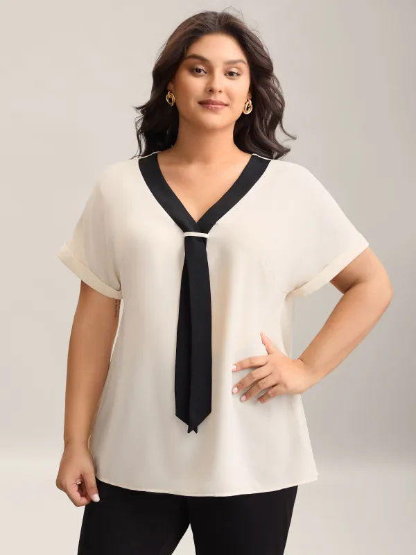 Collar Tie Color Contrast Blouse sold by Bloomchic