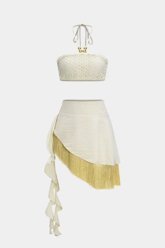 Beaded Halter Neck Tank Top og Fringe Trim Nederdel sæt sold by Micas