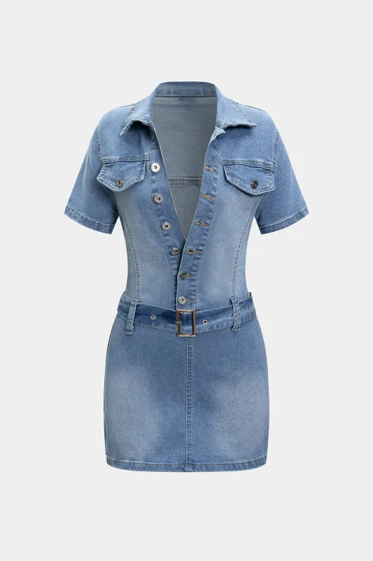 Denim knap bæltet kortærmet kjole sold by Micas