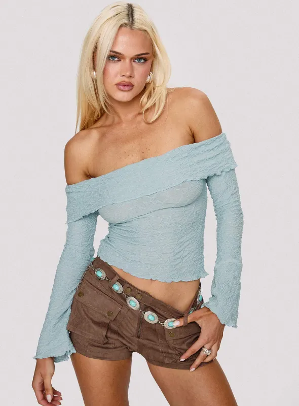 Back With Love Off Shoulder Long Sleeve Top Blue sold by Princess Polly