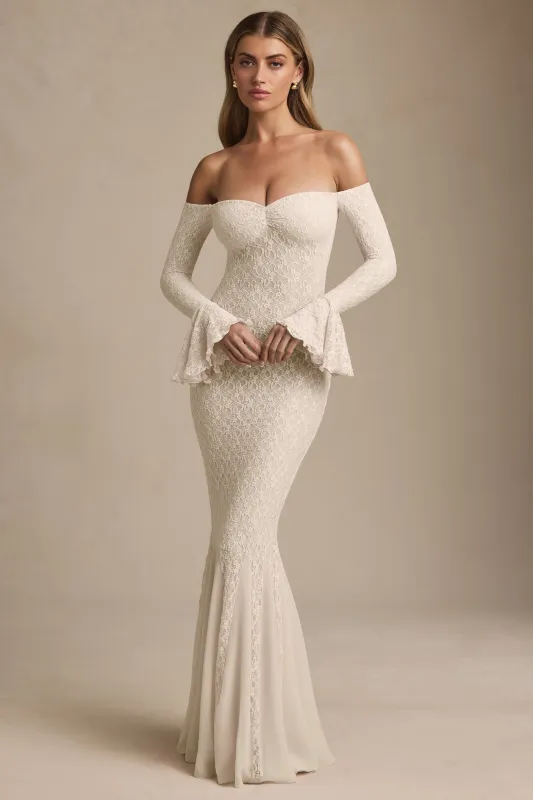 Off-Shoulder Ruffle Lace Maxi Dress in Ivory sold by Oh Polly