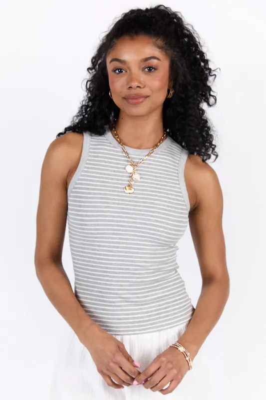 Core Values Grey and Ivory Ribbed Stripe High Neck Tank sold by Pink Lily