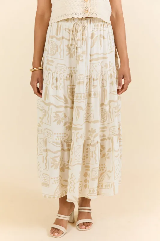 First Stop Ivory and Beige Icon Printed Midi Skirt sold by Pink Lily