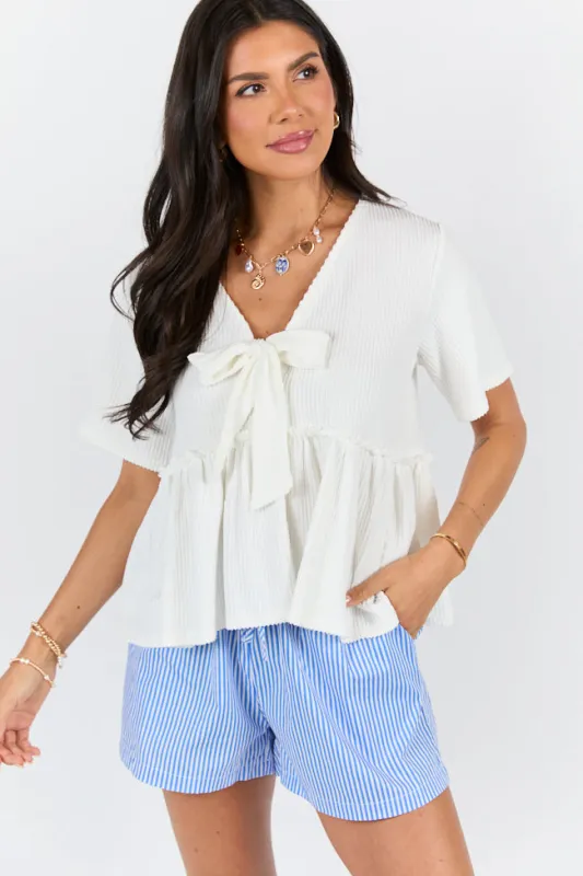 Basic Notion Ivory Ribbed Knit Tie Front Tee sold by Pink Lily