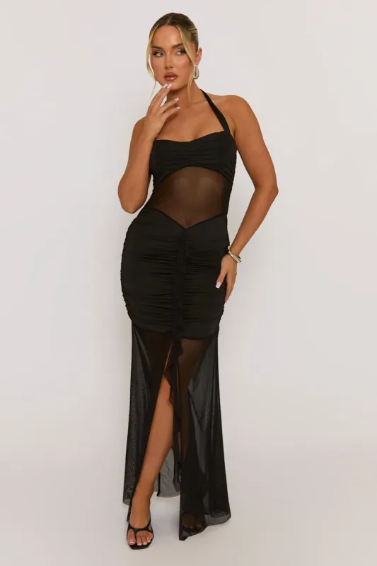 Black Semi Sheer Ruffle Front Mesh Maxi Dress - Arisha sold by Rebellious Fashion