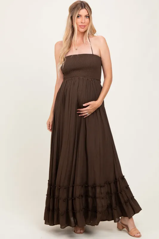 Brown Halter Neck Smocked Tiered Hem Maternity Maxi Dress sold by Pinkblush