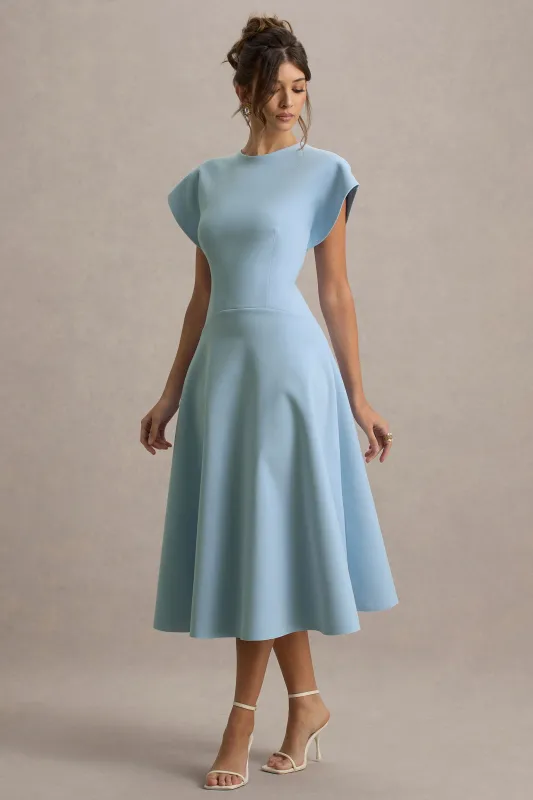 Linda | Powder Blue High-Neck Cap-Sleeve Midi Dress sold by Club L London