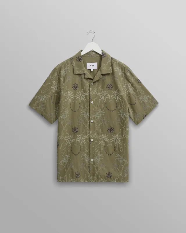 Didcot - Khaki Hawaiian Embroidered Short-Sleeve Shirt sold by Wax London