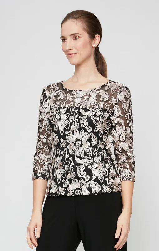 Petite 3/4 Sleeve Blouse with Embroidered Detail and Illusion Neckline sold by Alex Evenings