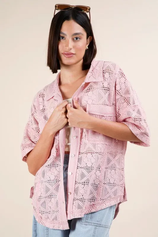 VERY J Plus Size Oversized Crochet Button Down Shirt Top sold by Charming Charlie