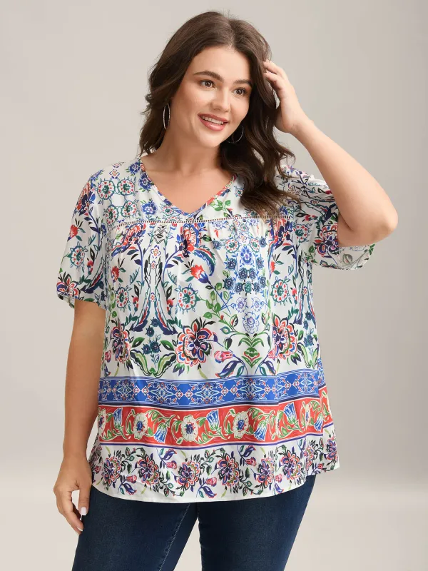 Rayon Floral Boho Print Lace Trim Blouse sold by Bloomchic