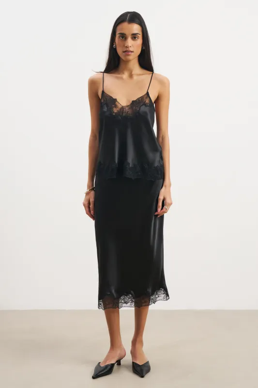 Satin Lace Detail Midi Skirt - Black sold by Because of Alice