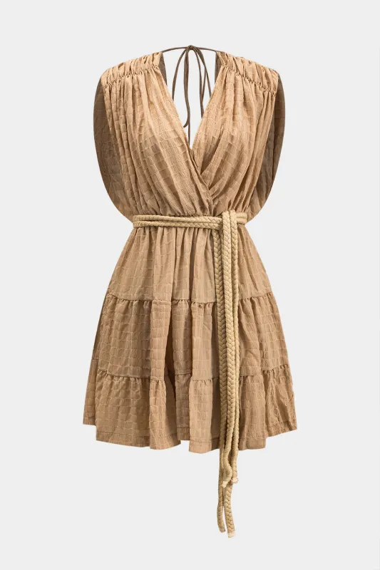 V-hals bæltet ruched bindingsmærel løs mini kjole sold by Micas