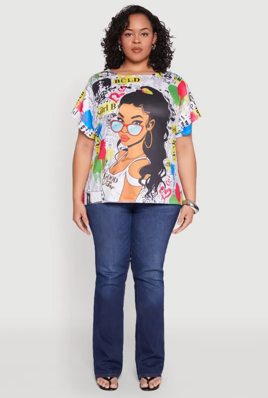 Plus Size Good Vibes Graphic Newspaper Print Tee sold by Rainbow