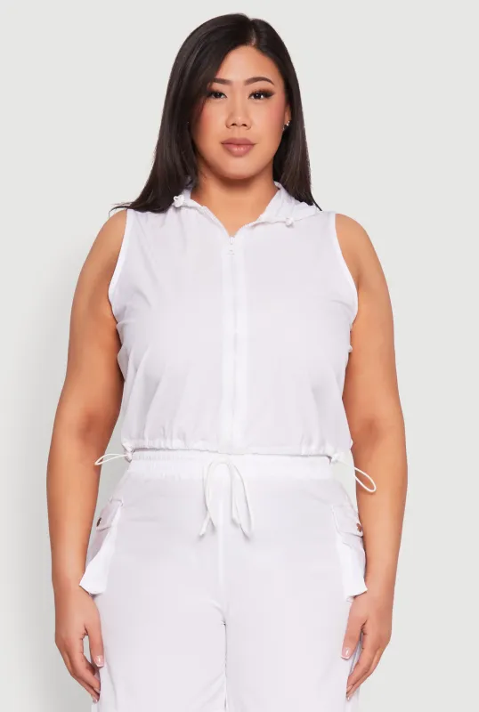 Plus Size Nylon Sleeveless Zip Front Hooded Top sold by Rainbow