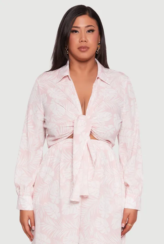 Plus Size Airy Leaf Print Tie Front Crop Top sold by Rainbow