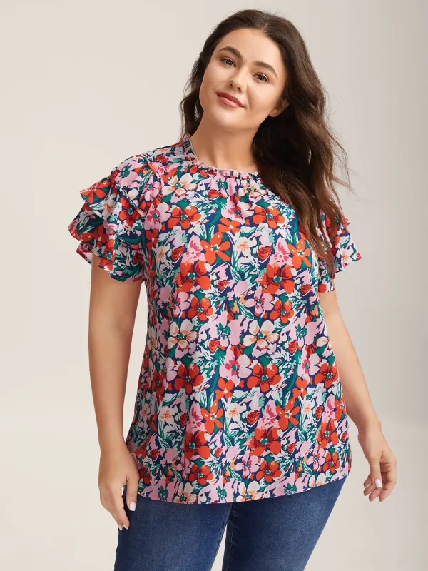 Groovy Floral Print Ruffled Layered Sleeve Blouse sold by Bloomchic