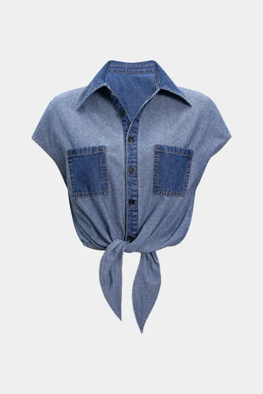 Denim Button Knotted Short Sleeve Shirt sold by Micas