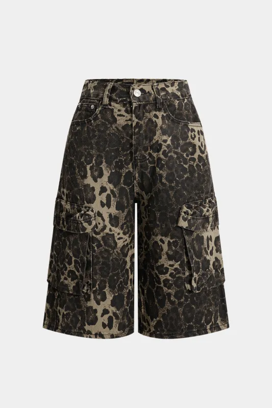 Denim leopard print lomme lige ben shorts sold by Micas