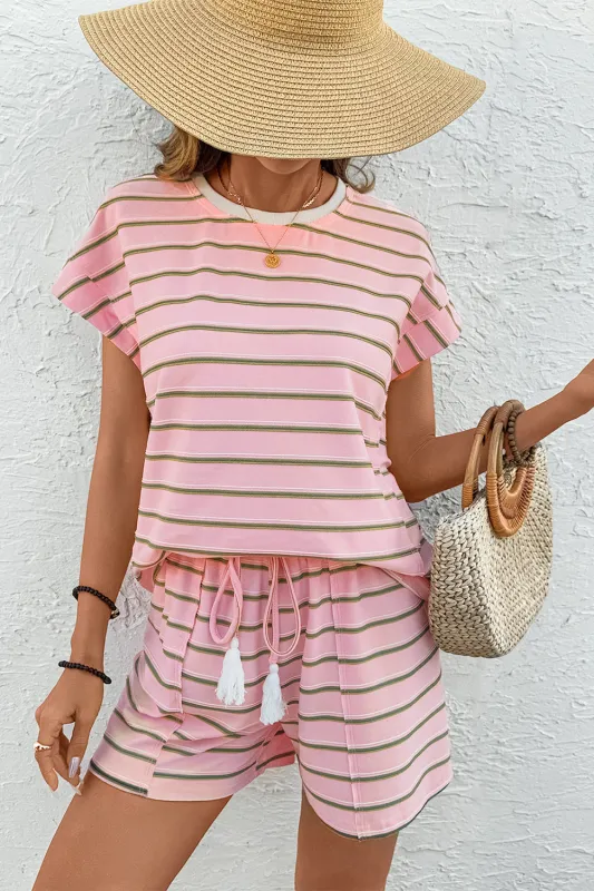 Pink Stripe Wide Short Sleeve Tee and Short Set Co-ord sold by Beagle Boutique