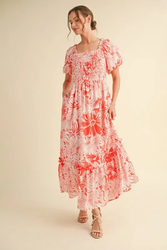 Coral Floral Print Smocked Bodice Maxi Dress sold by Pinkblush